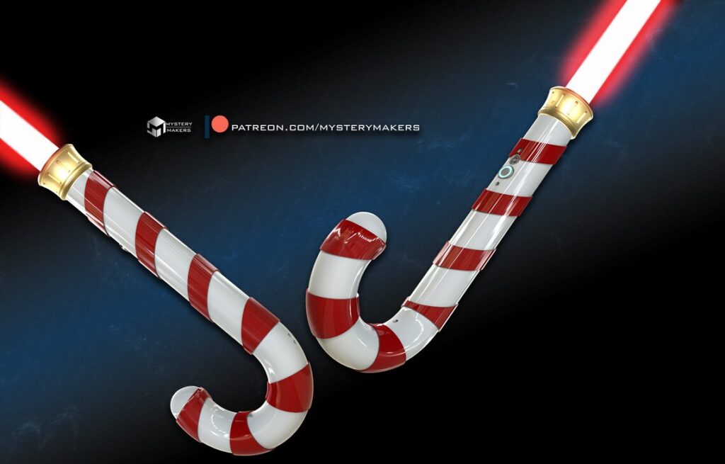 stl preview of a 3d printable christmas candy cane functional lightsaber made by mysterymakers